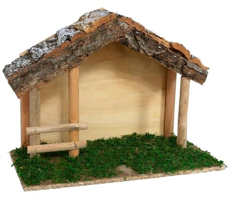 AC - Cueva/Portal de belén de Madera, Pesebre con tejado y Musgo para Nacimiento, Figura de Navidad, decoración Tradicional - 30 x 15 x 23 cm