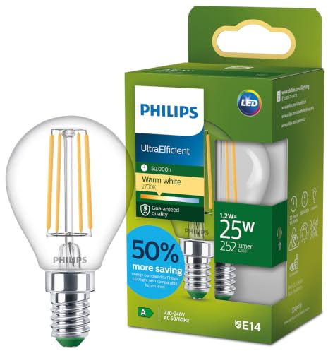 Philips Lampadina LED UltraEfficient Trasparente P45 a Filamento, Attacco E14 Piccolo Edison, Classe Energetica A, 252 lm, Equivalente 25W, Bianco Caldo (2700K), EyeComfort, 50.000 ore, Pacco da 1