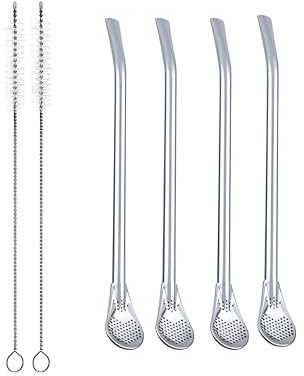 4 Stainless Steel Drinking Straws, Reusable Filter Spoon Straws with 2 Cleaning Brushes, Metal Bombilla Straws for Yerba Mate Tea, Loose Leaf Tea Infuser, Sediment Filter and Stirring