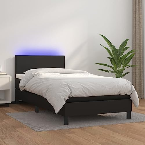 Frdhee Bockspringbett, Boxspringbett mit Matratze & LED Schwarz 90x200 cm Kunstleder Plattform Bett für Matratzes, Schlafzimmer, einfache Montage