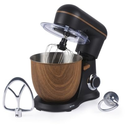 Salter Toronto stativ mixer – 5 l 1 300 W elektrisk matmixer med skål i rostfritt stål, 10 hastigheter och puls, lutande huvudsdesign, planetär blandning, tillbehör ingår, matt svart med träaccenter