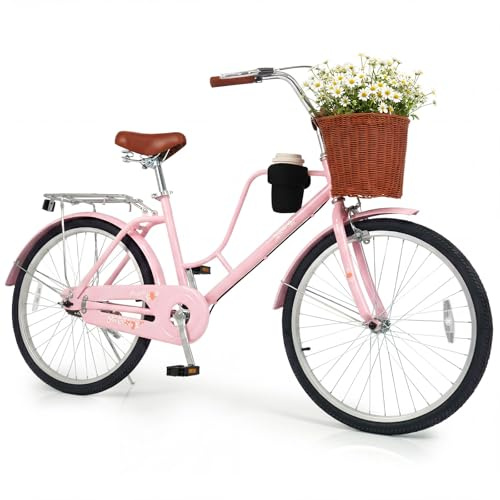 Goplus Beach Cruiser Bike for Women, 24/26-Inch Commuter Bike w/Adjustable Seat, Cup Holder, Basket, Rear Rack, Front Rear Reflectors, City Bicycle for Adults Ladies (Pink,24 Inch w/Cup Holder)