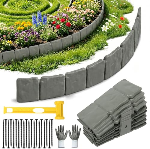 Lot de 20 bordures de parterre en plastique avec gants et marteau, bordure de pelouse en plastique de 5 m avec aspect pierre pour bordures de pelouse et parterres de fleurs (gris)