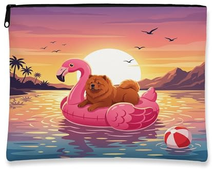 Funny Chow Chow Dog Makeup Bag, Flamingos Lifebuoys Sea Cosmetic Travel Pouch for Women, Gifts for Girls, Pet Portable Small Canvas Zipper Organizer 7x9 Inch
