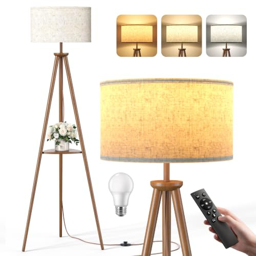 Dreibein Stehlampe Wohnzimmer mit Regal - 12W Holz LED Dimmbar Stehende Lampe mit Fernbedienung & E27 Lampe, Stehend Leselampe für Schlafzimmer, Büro, Dunkelbraun – Dreieckiges Regal
