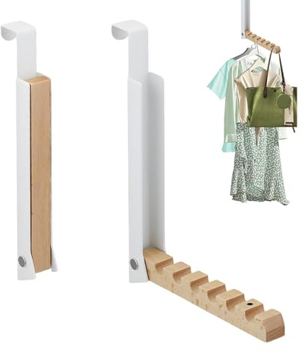 SKJJM 2 Stück Türgarderobe Klappbar, Kleiderhaken Klappbar Tür Garderobe mit 6 Kleiderbügel, Türgarderobe zum Einhängen, Metall & Holz Türhaken, Kein Stanzen Erforderlich für Einhängen Kleidung, Hüte