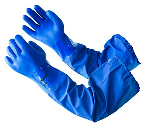 LANON 26 Elbow Length PVC Chemical Resistant Glove,Waterproof,Blue,Large | Waterproof,Long Sleeve Work Gloves,Cotton Liner(Excluding Sleeves),Non-Slip Grip,Heavy-Duty,Acid,Alkali & Oil Protection