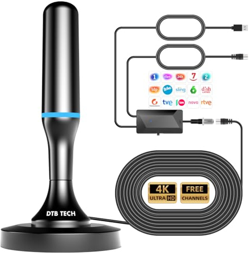 Antena TV Interior Potente TDT con Amplificador, Antena portatil TV, Antena TV para Interior - Recepción 360° Omnidireccional 4K 1080P Canales Locales Sin Suscripción, Base Magnética & Cable 9.8ft