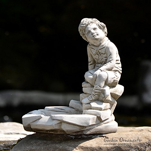 ONEFOLD Stone Pebble Boy Bird Bath and Feeder Ornament Outdoor Garden Sculpture