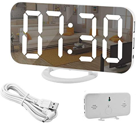 U-picks Digital Alarm Clock, 6.5 Inch Large LED Screen Alarm Mirror with Brightness Dimming Mode, Adjustable Brightness, 2 USB Charging Ports, Big Snooze Button for Home Decor White
