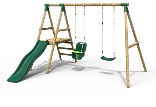 Rebo® Odyssey Wooden Swing Set with Platform and Slide Green - Odyssey | with 6FT Slide, Baby Swing and Swing Seat | Garden Swing Children | OutdoorToys | Sturdy Construction