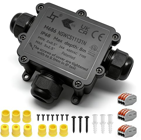 Verteilerdose, Abzweigdose, Junction Box, HUYU IP68 elektrische Außenverteilerdose, Erdkabel Anschlussdose, mit M25 verstellbaren Kabelverschraubungen, für Kabeldurchmesser Ø 4mm-14mm, 3-Wege