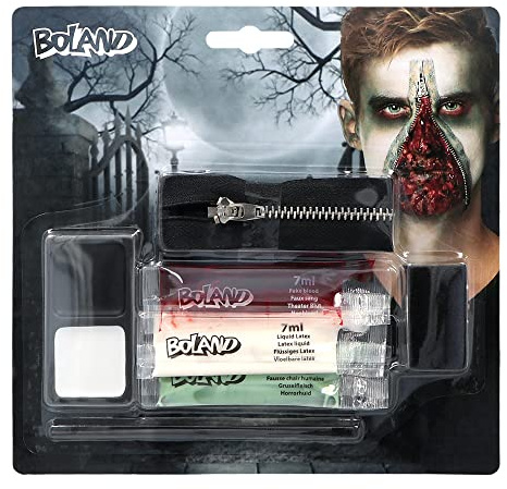 BOLAND 45095 Kit Maquillage Zombie Graisse Sang Théâtre Latex Liquide 1 Sachet de Viande Gruseleuse 1 Eponge 1 Applicateur 1 Zip Mixte Adulte Multicolore Taille Unique