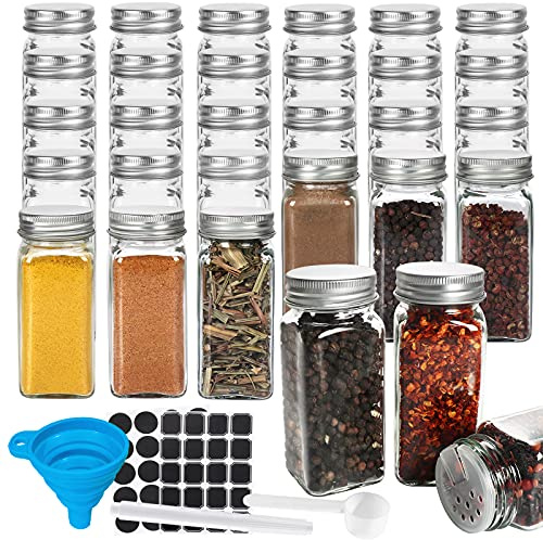 30 Stück Glas-Gewürzgläser, 120 ml, leere, quadratische Gewürzflaschen mit Streudeckel und luftdichten Metallkappen – Etiketten, Kreidemarker, Messlöffel und Silikon-Trichter im Lieferumfang enthalten