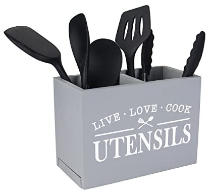Karisky Porte-ustensiles de cuisine avec fond amovible – Grand organiseur à 2 compartiments – Organiseur d'ustensiles de ferme pour décoration de comptoir, 22,9 x 17,8 x 12,7 cm, gris