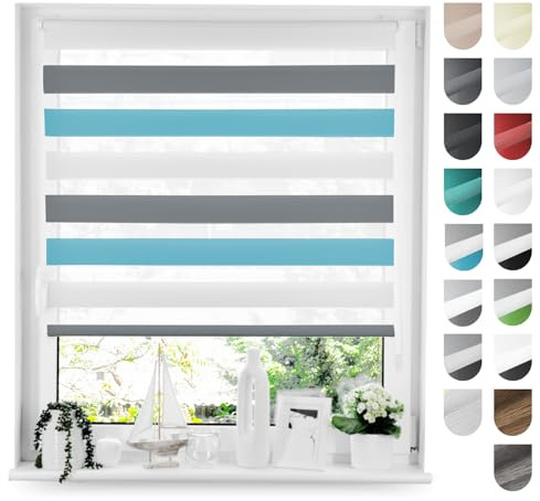 Tom'Shop Doppelrollo Klemmfix ohne Bohren Grau-Blau-Weiß 90cm x 150cm | Duo Rollo mit Klemmträger Fensterrollo Seitenzugrollo für Lichtschutz Sichtschutz Sonnenschutz leichte Montage