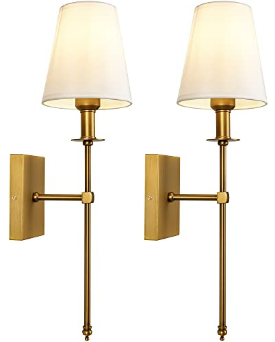 TERLEENART Modern Antique Brass Hardwired Wall Sconces Set of 2 Slim with White Fabric Shade,Wall Lighting for Bathroom Vanity Mirror Living Room Dining Entryway Fireplace Mantel Theater Room Bedside