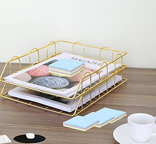 Amycheer Stapelbare Briefablage mit 2 Ebenen, stapelbar, Aufbewahrungsfächer, Schreibtisch, Dokumente, Briefpapier-Organizer, Metall, A4, Ablagefach für Schule, Zuhause, Büro – Gold