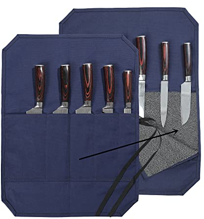 Denifiter Bolsa para cuchillos de chef con 5 ranuras, rollo de cuchillos de lona encerada con tela profesional anticorte en el interior (azul)
