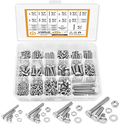 VIGRUE 535 Stück M3 M4 M5 M6 Sechskantschrauben Edelstahl A2 Schrauben Set mit Muttern Unterlegscheiben DIN933 Bolzen Vollgewindeschrauben Maschinenschrauben Gewindeschrauben zur Reparatur