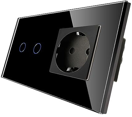 CNBINGO Interrupteur variateur avec prise Schuko encastré - Interrupteur variateur pour LED - Interrupteur tactile double en noir - Interrupteur mural avec cadre en verre et LED d'état