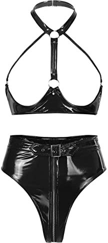 CHICTRY Womens 2 Piece Lingerie Set Stretch Vinyl Shelf Bra Quarter Cup Bra Tops with Panty Nightwear 2# Black L