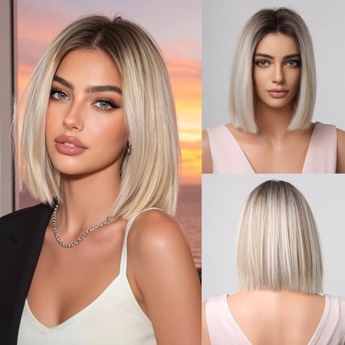 Esmee Kurze Gerade Ombre Braun bis Blond Bob Perücken für Frauen Schulterlänge Synthetik Perücke für Tägliche Party Cosplay Verwendung