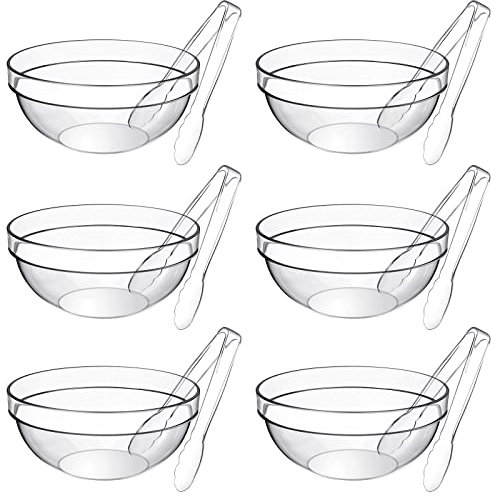 Lallisa 6 salladsskålar i akryl genomskinliga kökstänger set innehåller 6 delar 25 cm stora klara plastskålar och 6 delar serveringstänger i plast för fest buffé mat godis popcorn chips fruktdipp