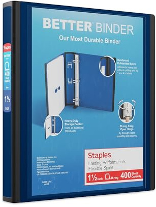 Staples Better Binder, 1.5 Heavy‑Duty D‑Ring 3‑Ring Binder, Navy Blue, Reinforced Spine, Holds 400 Sheets, Long‑Lasting School & Office Organizer, 3‑Pack