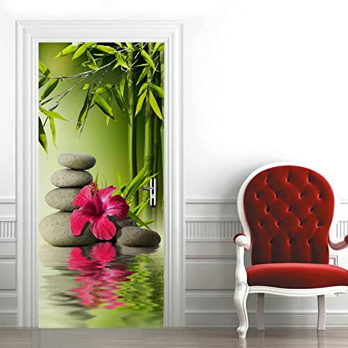A.Monamour Türtapete Selbstklebend Türfolie Türposter 3D Spa Steine Rote Hibiskusblüten Und Bambus Auf Dem Wasser Zen Vinyl Folie Türdeko Tapete Wandbild Türaufkleber Türtattoo 90 x 200 cm