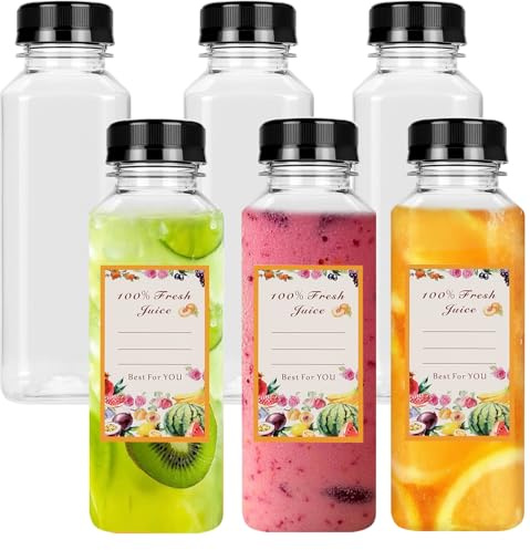 Mooshy 6 Pack 12oz Juice Bottles, Plastic Smoothie Bottles with Lids | Reusable Empty Shot Bottles, Suitable for Storing Milk, Includes Fruit Stickers