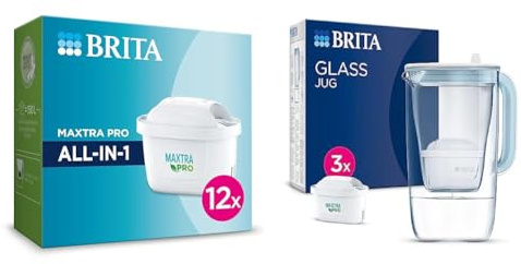 BRITA Pack de 12 cartouches filtrantes MAXTRA PRO All-in-1 & Carafe en verre bleue (2,5L) inclus 3 cartouches filtrantes BRITA MAXTRA PRO All-in-1 - réduit le tartre, le chlore