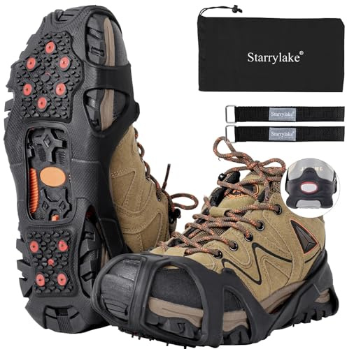 Starrylake Ice Snow Grips Crampons with 10 Tungsten Spikes with Reflective Strips for Shoes and Boots Anti Slip Ice Traction Cleats for Running Walking, Footwear for Men Women L