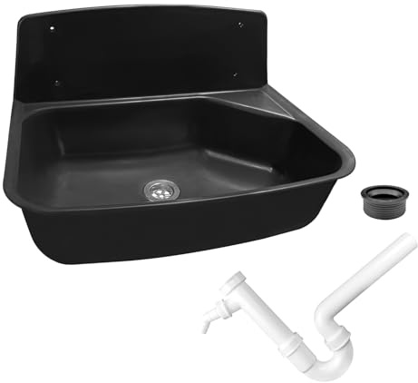 kör4u Ausgussbecken Set schwarz 52,6cm, Kunststoff, Siphon 1 1/2 Zoll 40mm