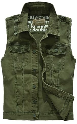 Kelmon Denim Jacka Herr Vintage Rippad Jeansväst Herr Ärmlös Jeansjacka Jeansjacka Ytterkläder, #017 ArmyGreen, M