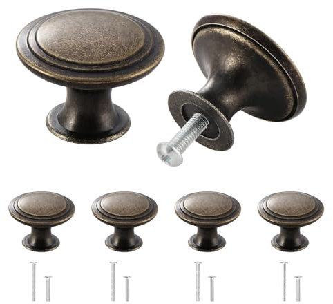 Misuyue 4 Pièces Bouton de Meuble Vintage, Bouton de Tiroir Bronze, 30 mm Ronds Poignee de Porte Cuisine, Chic Boutons de Portes en Alliage de Zinc avec Vis Assorties
