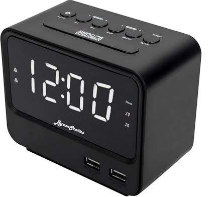 BYRONSTATICS Alarm Clock FM Radio, Bedside Digital Alarm Clock, Main Powered with Battery Backup, Radios Station Presets, USB Charging Port, Snooze, Sleep Timer, Big LED Screen Dimming Display, Black