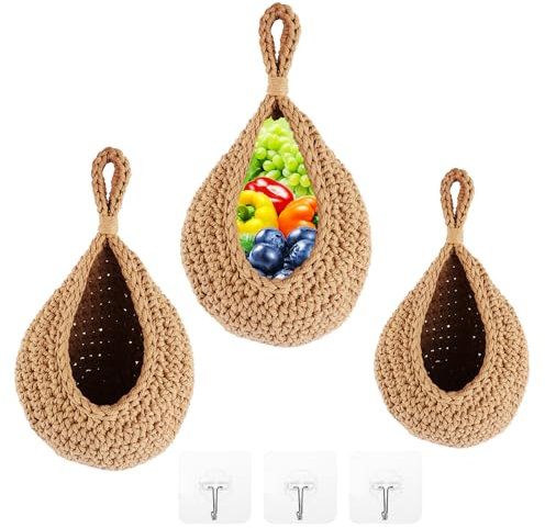 LDXDRU Lot de 3 corbeilles à fruits suspendues - Panier mural - Avec 3 crochets - Panier suspendu - Panier de rangement pour cuisine, salon, chambre à coucher