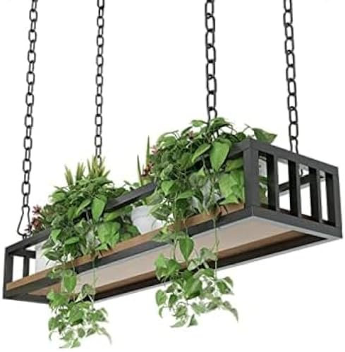 Schwimmende Dekorationen, Regale, Decken-Hängepflanze, Blumentopfständer mit Eisenkette und Eisenrahmen, Holzküchen-Lagerregal, Weinhalter für Balkon, Bar, Blumenladen, 140 x 25 x 15 cm