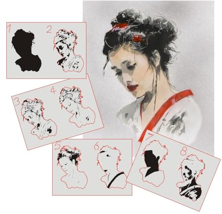 AS-381 Geisha Step by Step Schablone für Acryl, Airbrush, Spray, Lacke und Wandfarbe Größe L