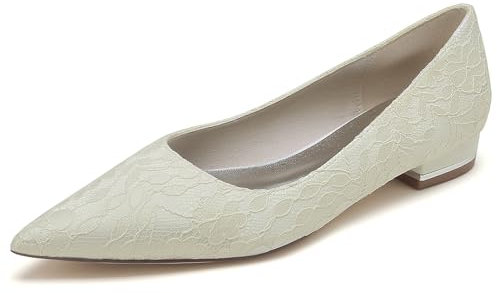FGRID Bailarinas con Punta Cerrada para Mujer, Zapatos de Boda de Novia con tacón bajo Floral y Encaje Satinado Sexy, Zapatos de Bailarina sin Cordones con Punta Redonda,Marfil,37