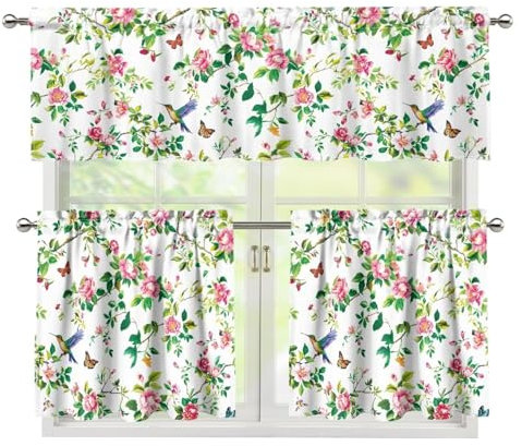 CREAMIC Kolibri-Küchenvorhänge-Set, Blumenvolant für Küchenfenster, kleine kurze Vorhänge, Fensterbehandlungen, Volant-Sets für Küche, Café, 3 Stück