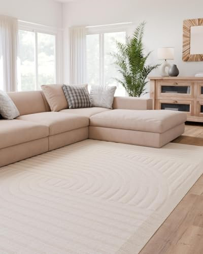 Interiyou Tappeto salotto pelo corto Lecce - 120x170 cm Crema - Stile boho scandinavo con effetto 3D alto-basso - Piatto con motivo geometrico