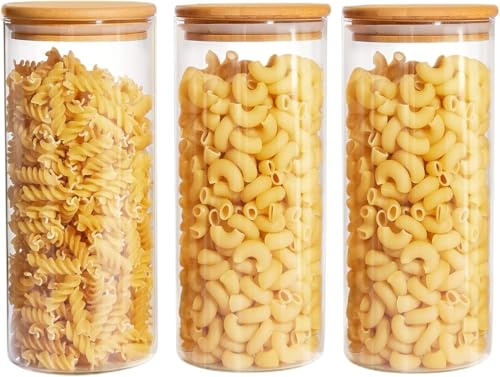 1000ml Tarros de Cristal con Tapa Bambú Juego de 3, Botes de Cristal de Cocina con Tapa de Bambu, Almacenaje Cocina, Frascos de Vidrio Herméticos con Tapas, para Pasta, Cereales, Galletas, Harina