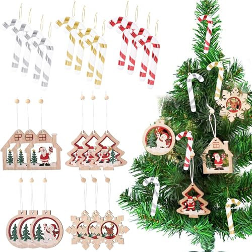 TYXHXTF 24PCS Christmas Tree Decorations, Santa Hanging Ornaments, Wood Hanging, Xmas Decor Home Party Supplies