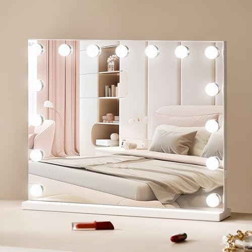 VEVOR Specchio per Trucco Hollywood con 15 Lampadine LED Dimmerabili, 3 Modalità di Illuminazione a Colori, Specchio Ingranditore 5X Rimovibile, Porta USB, Controllo Smart Touch Specchio 580x458 mm