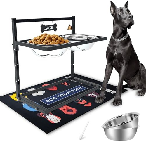 Elevated Dog Bowls for Large and Extra Large Sized Dogs, Raised Dog Bowl Stand Adjustable Height with Two 3000ML(13-14cups) Stainless Steel Pet Food Bowls, Metal Raised Pet Bowl Stand with Mat