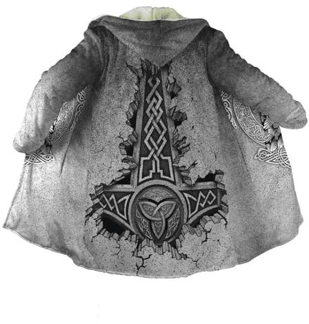 Nordisch 3D Drucken Wikinger Schild Parka Coat, Odins Hammer Warm Verdicken Wintermantel, Lockere Passform Lässig Mit Kapuze Nordischer Krieger Wollponcho(Hammer,XXL)