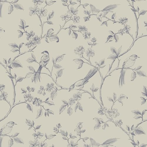 Yomshi Carta da parati autoadesiva beige e blu Peel and Stick carta da parati con motivo floreale uccello pellicola in vinile 44 x 300 cm carta da contatto stile retrò retro adesivo in plastica per
