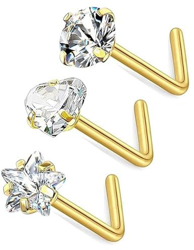 BelleVive 3 pièces de Clous de Nez remplis d'or 14K, 20G Clous de Nez en Acier Inoxydable, 2 mm/2,5 mm/3 mm, Clou de Nez Rond en Arc CZ-L, Piercing Nasal hypoallergénique, Cadeau de Bijoux